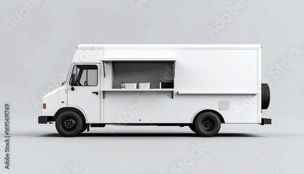 Fototapeta Food truck side view mockup with plain white body, isolated on background, template for street food branding