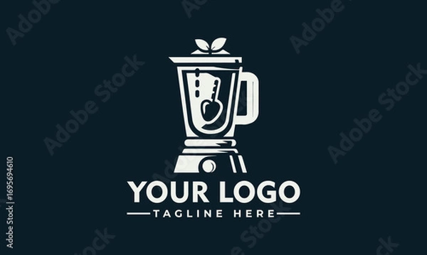 Fototapeta A logo featuring a blender with fruit inside, topped with leaves, against a dark background.