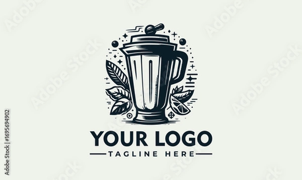 Fototapeta A stylized logo featuring a blender surrounded by leaves and decorative elements.