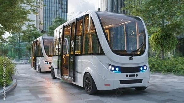 Fototapeta Futuristic autonomous shuttle buses designed for urban transportation, showcasing modern design and advanced technology.