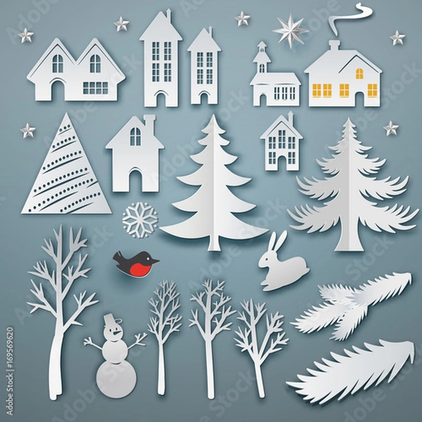 Fototapeta Christmas paper art elements set. Vector icon illustration. White paper cut layers. Winter with house, trees, hare, star, bulfinch, snowman and christmas tree. Holidays symbols for retro design