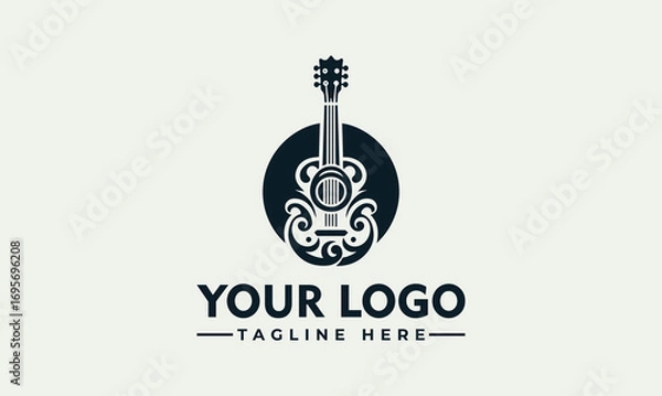 Fototapeta A stylized guitar illustration in a dark circle, set against a light background with placeholder text for a logo.