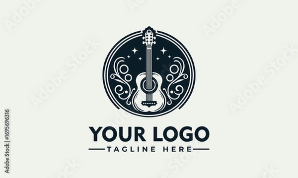 Fototapeta Elegant logo design featuring an acoustic guitar surrounded by decorative swirls and stars within a circular frame.