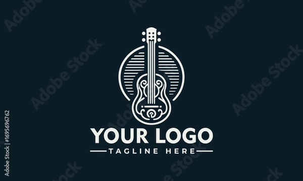 Fototapeta A stylized guitar graphic is centered within a circle, above placeholder text for a logo and tagline, all on a dark background.