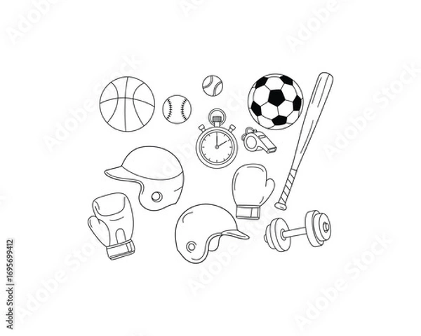 Fototapeta A collection of sports equipment including balls, helmets, boxing gloves, a stopwatch, a whistle, a bat, and a dumbbell, all in a simple line drawing.