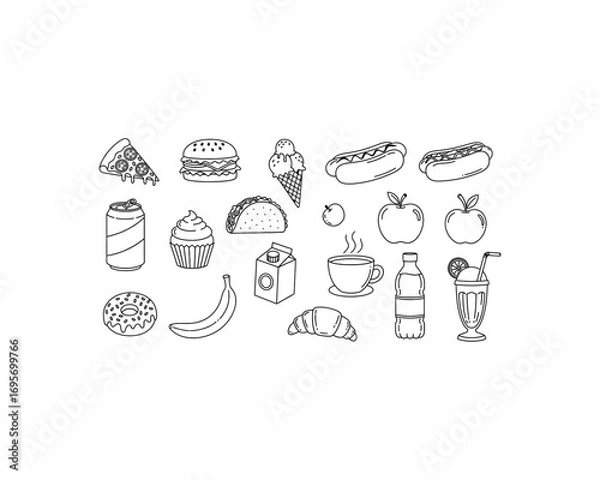 Fototapeta Line art illustration featuring various food items including pizza, burger, ice cream, hot dogs, and fruit.