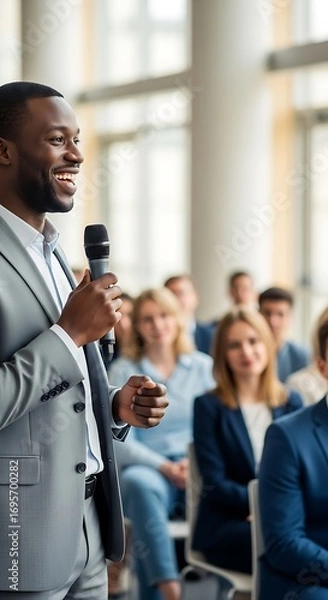 Fototapeta Speaker addressing audience microphone lecture presentation
