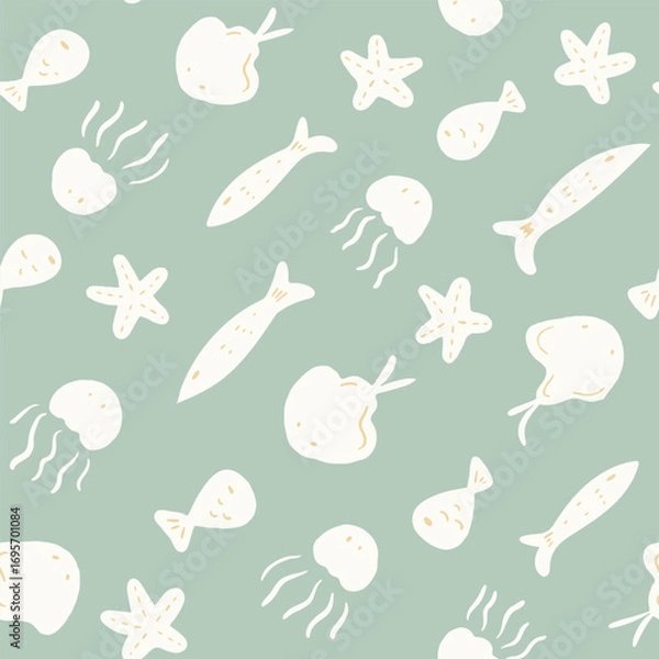 Fototapeta Hand painted underwater sea creatures like starfish, jellyfish, sting rays moving diagonally in subtle colors of off white and sage green. Minimal sea life seamless vector pattern. Great for homedecor