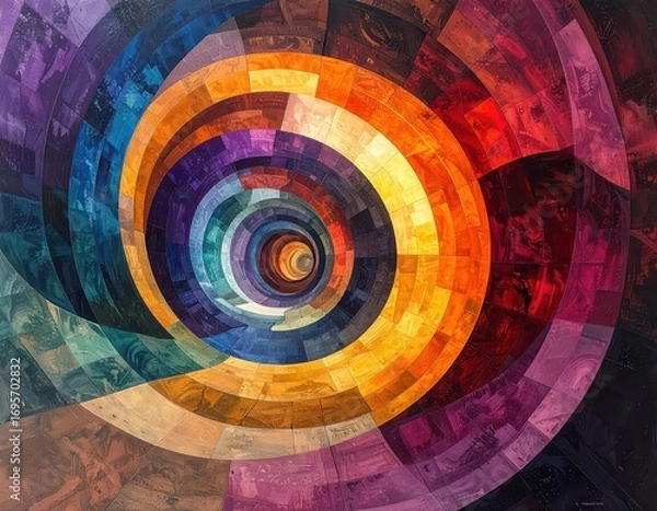 Fototapeta A vibrant spiral design composed of concentric rings of colorful, textured squares, showcasing a dynamic interplay of hues and patterns.