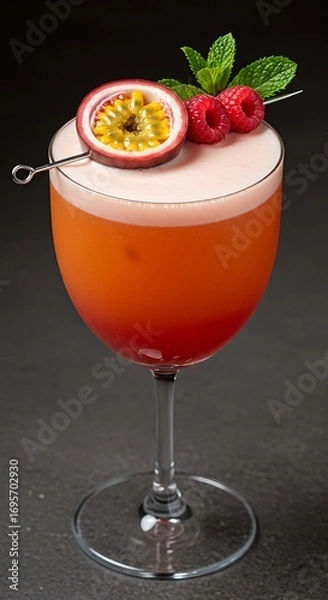 Fototapeta Exotic Passion Fruit Cocktail with Raspberry and Mint Garnish.