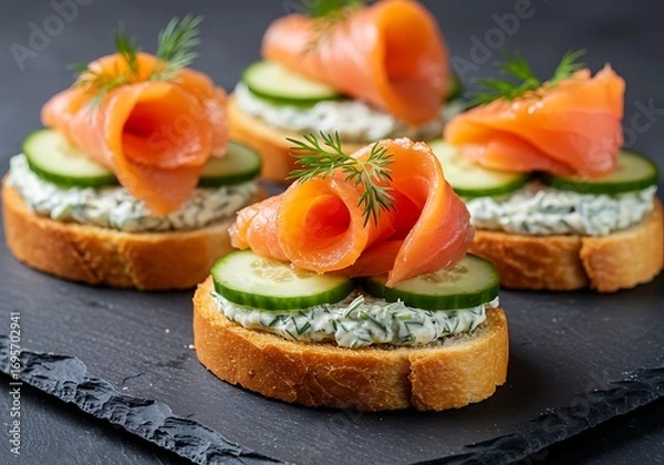 Fototapeta Smoked Salmon Crostini Appetizers with Cream Cheese and Cucumber.