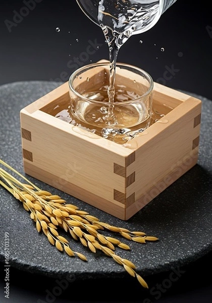 Fototapeta Sake pouring into a Masu cup with rice.