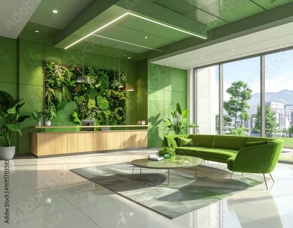 Fototapeta A modern office lobby boasts a vibrant green color scheme, featuring a living wall and comfortable seating.