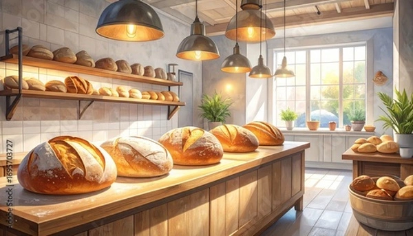 Fototapeta A warm and inviting bakery interior, showcasing various loaves of fresh bread displayed on wooden counters and shelves, bathed in sunlight streaming through a large window.