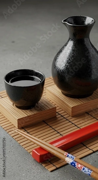 Fototapeta Japanese Sake Set with Chopsticks on a Bamboo Mat.