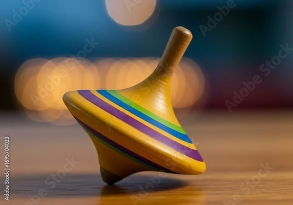Fototapeta Colorful Wooden Spinning Top Toy on a Wooden Surface with Blurred Background.