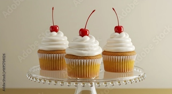 Fototapeta Three vanilla cupcakes with white frosting and cherries on a glass stand.