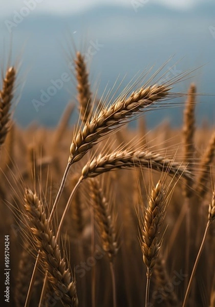Fototapeta Golden Wheat Field at Sunset with Mountains in the Background.