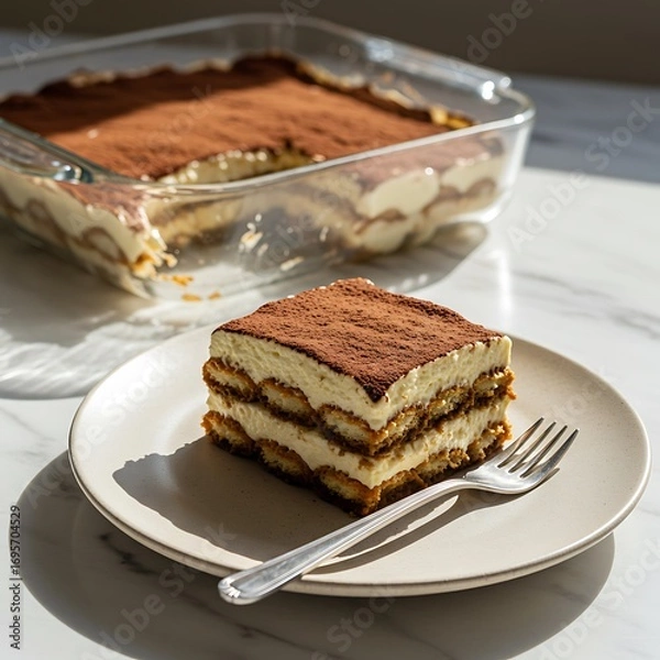 Fototapeta Delicious Tiramisu Dessert Served on a Plate with a Fork.
