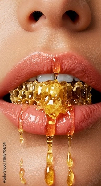 Fototapeta Close-up of womans mouth with honey-dipped teeth and dripping honey.