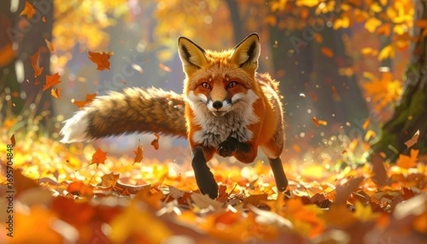 Fototapeta A vibrant fox bursts through a bed of autumn leaves, bathed in warm sunlight.