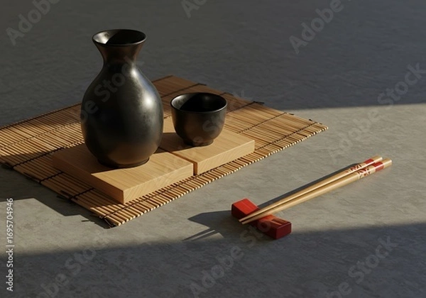 Fototapeta Japanese Sake Set with Chopsticks on Bamboo Mat.