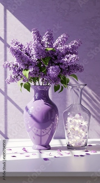 Fototapeta Beautiful lilac bouquet in a purple vase on a sunlit windowsill with sparkling lights.