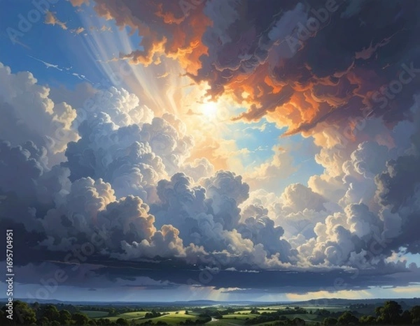 Fototapeta A breathtaking view of a dramatic sky filled with magnificent clouds, showcasing a radiant sun and a landscape of rolling hills.
