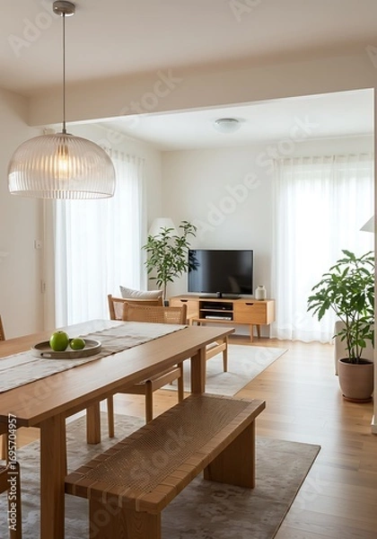 Fototapeta Modern minimalist dining room with wooden table and bench.