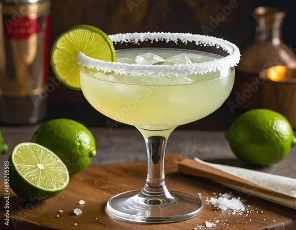 Fototapeta A vibrant cocktail, a margarita, garnished with a lime wedge and a salted rim, sits in a glass, showcasing the refreshing drink.