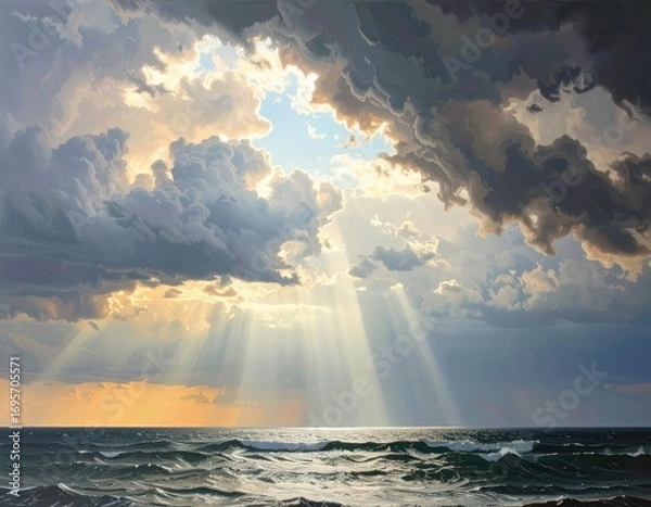 Fototapeta Dramatic sunset rays pierce through storm clouds over a tranquil ocean.
