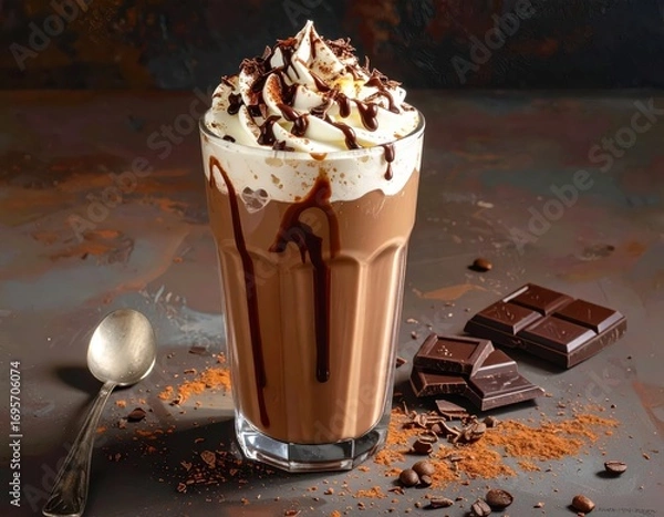 Fototapeta A refreshing, decadent chocolate milkshake, topped with whipped cream and chocolate syrup, sits in a tall glass, surrounded by chocolate pieces and cocoa powder.