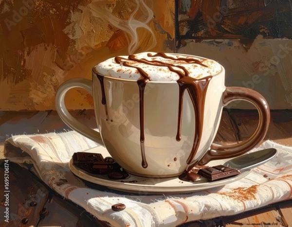 Fototapeta A warm, inviting depiction of a steaming mug of hot chocolate, dripping with rich dark chocolate, artfully presented on a textured surface.