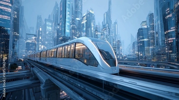 Fototapeta Sleek, futuristic monorail train glides through a modern, illuminated cityscape with towering skyscrapers.