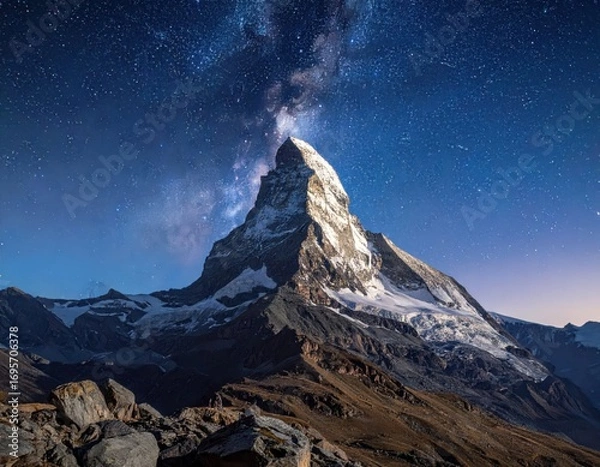 Fototapeta Majestic mountain peak, dusted with snow, stands tall against a backdrop of a star-studded night sky, showcasing the Milky Way.