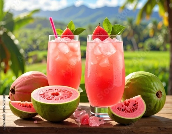 Fototapeta Refreshing pink guava drink in tall glasses, garnished with fresh fruit, sits on a wooden table outdoors in a tropical setting.