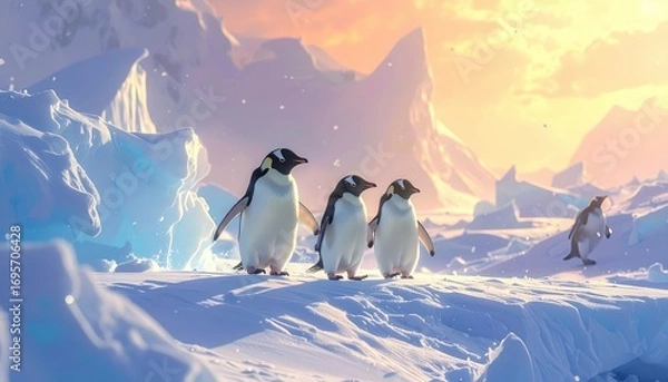 Fototapeta Three penguins stroll across a pristine icy landscape bathed in the warm glow of sunrise.