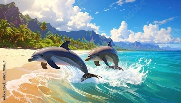 Fototapeta Two dolphins leap playfully in a tropical ocean scene, showcasing a vibrant beach and majestic mountains.