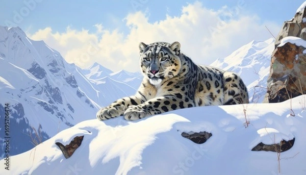 Fototapeta Majestic snow leopard rests on a snowy mountain ridge, bathed in sunlight.
