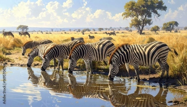 Fototapeta Zebras drink from a tranquil watering hole in a golden savanna landscape under a clear sky.