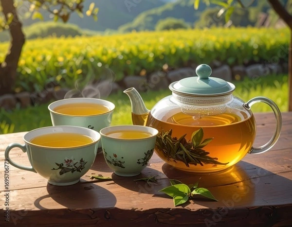 Fototapeta A serene outdoor scene featuring a glass teapot and teacups filled with steaming tea, positioned on a wooden table amidst a vibrant garden setting.