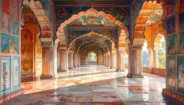 Fototapeta A magnificent, ornate architectural hall, showcasing vibrant colors and intricate details, creates a sense of serene grandeur.