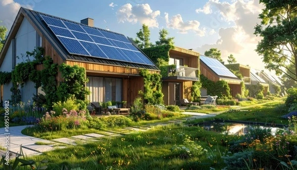 Fototapeta A row of eco-friendly homes with solar panels, nestled in a lush green environment, bathed in warm sunlight.