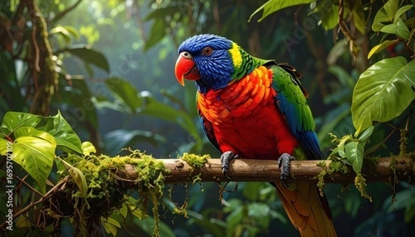Fototapeta A vibrant rainbow lorikeet perches serenely on a mossy branch amidst lush tropical foliage, showcasing a breathtaking array of colors in a natural setting.