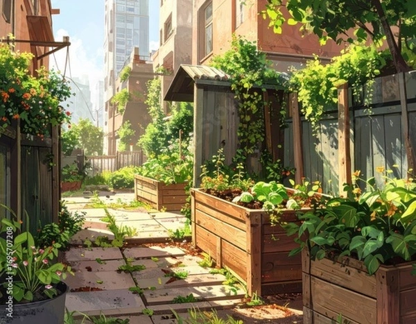 Fototapeta A sun-drenched urban garden path winds through a tranquil alleyway, filled with vibrant greenery and wooden planter boxes.