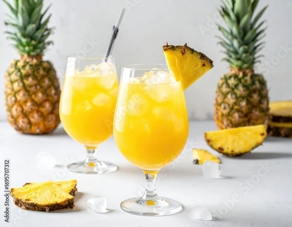 Fototapeta Two glasses of chilled pineapple juice with ice and a pineapple wedge garnish, showcasing a vibrant yellow color scheme on a light gray surface.