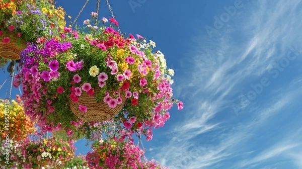 Fototapeta Colorful hanging flower baskets against a vibrant blue sky with fluffy white clouds.