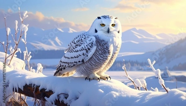 Fototapeta A majestic snowy owl perches proudly on a snow-covered log against a backdrop of serene winter mountains.