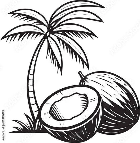 Fototapeta Coconut Palm Tree with Tropical Nuts Vector Illustration, Black and White Exotic Fruit Drawing Isolated on White Background