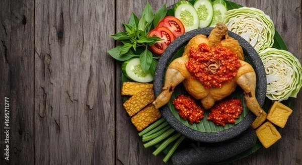 Fototapeta Ayam Penyet on stone mortar with sambal, tempe and tofu, rustic wood background